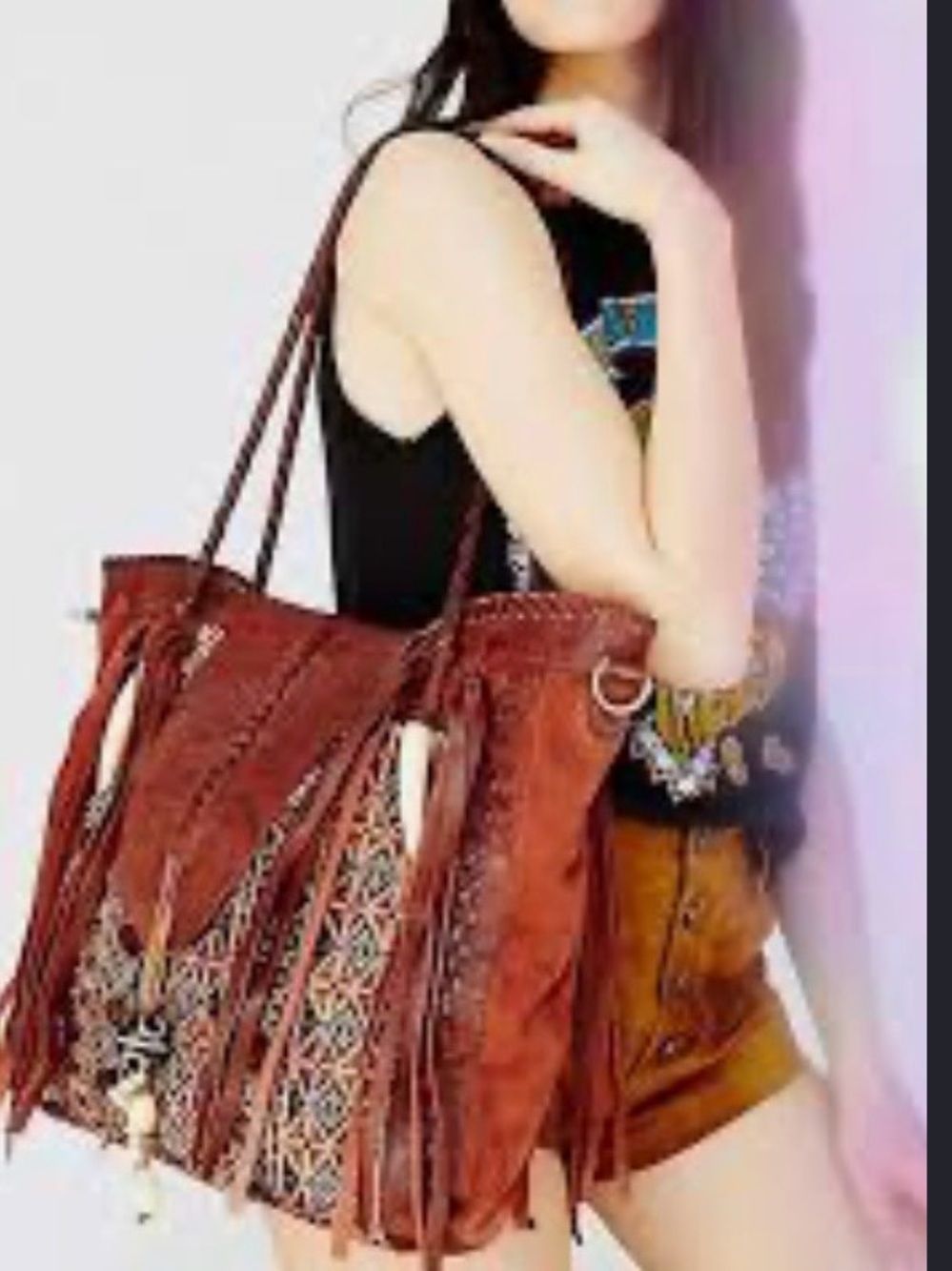 Free People Boho Fringe Brown Leather with red Carpet Canvas Tote Bag -